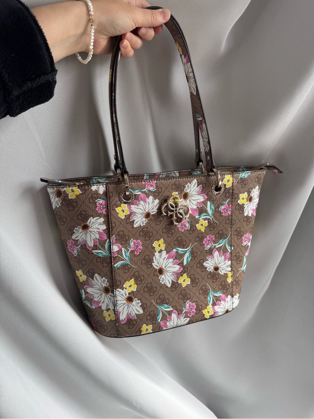 Guess Brown Floral Shoulder Tote with Logo Charm